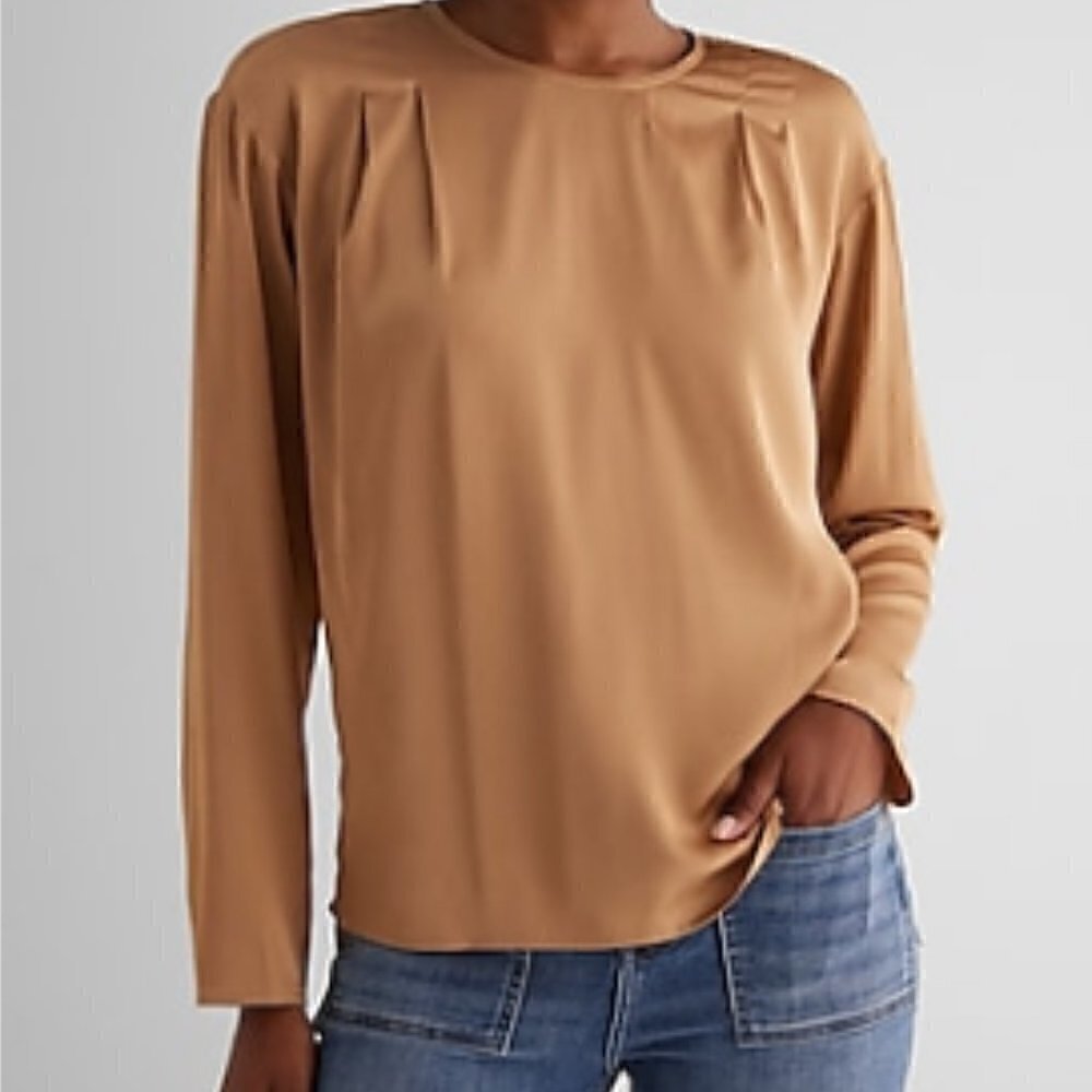 Express Satin Long Sleeve Pleated Gramercy Top Pecan M NWT